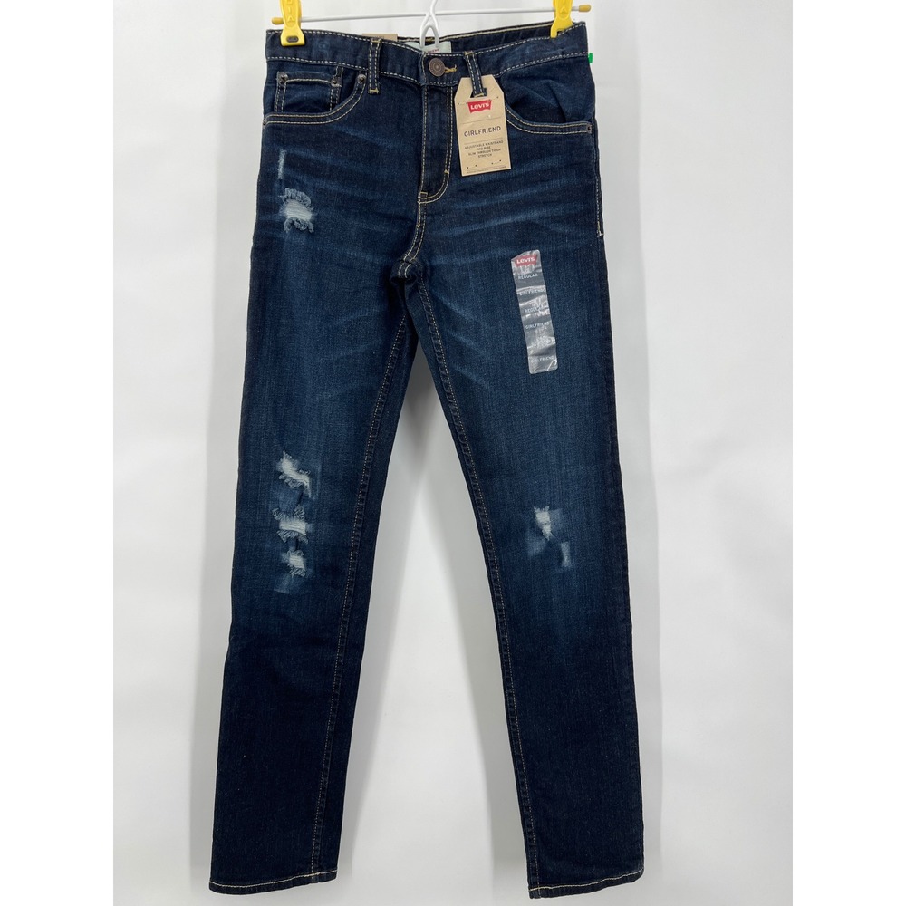 Levis Girls Girlfriend Jeans Dark Wash Distressed Stretch Size 14 Regular NWT